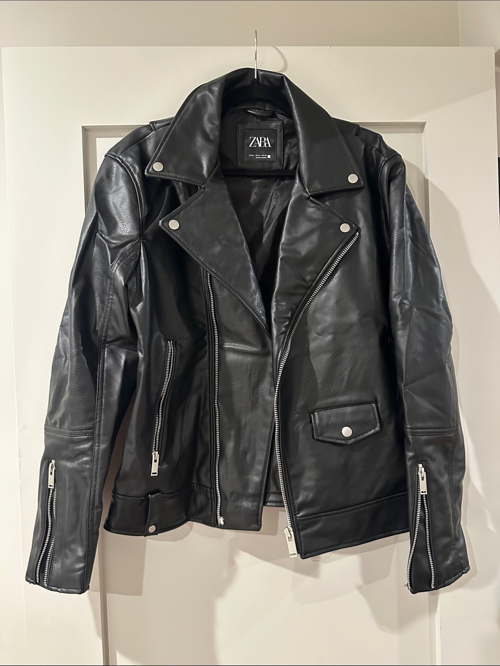 ZARA Black Faux Leather Moto Jacket with Silver Hardware